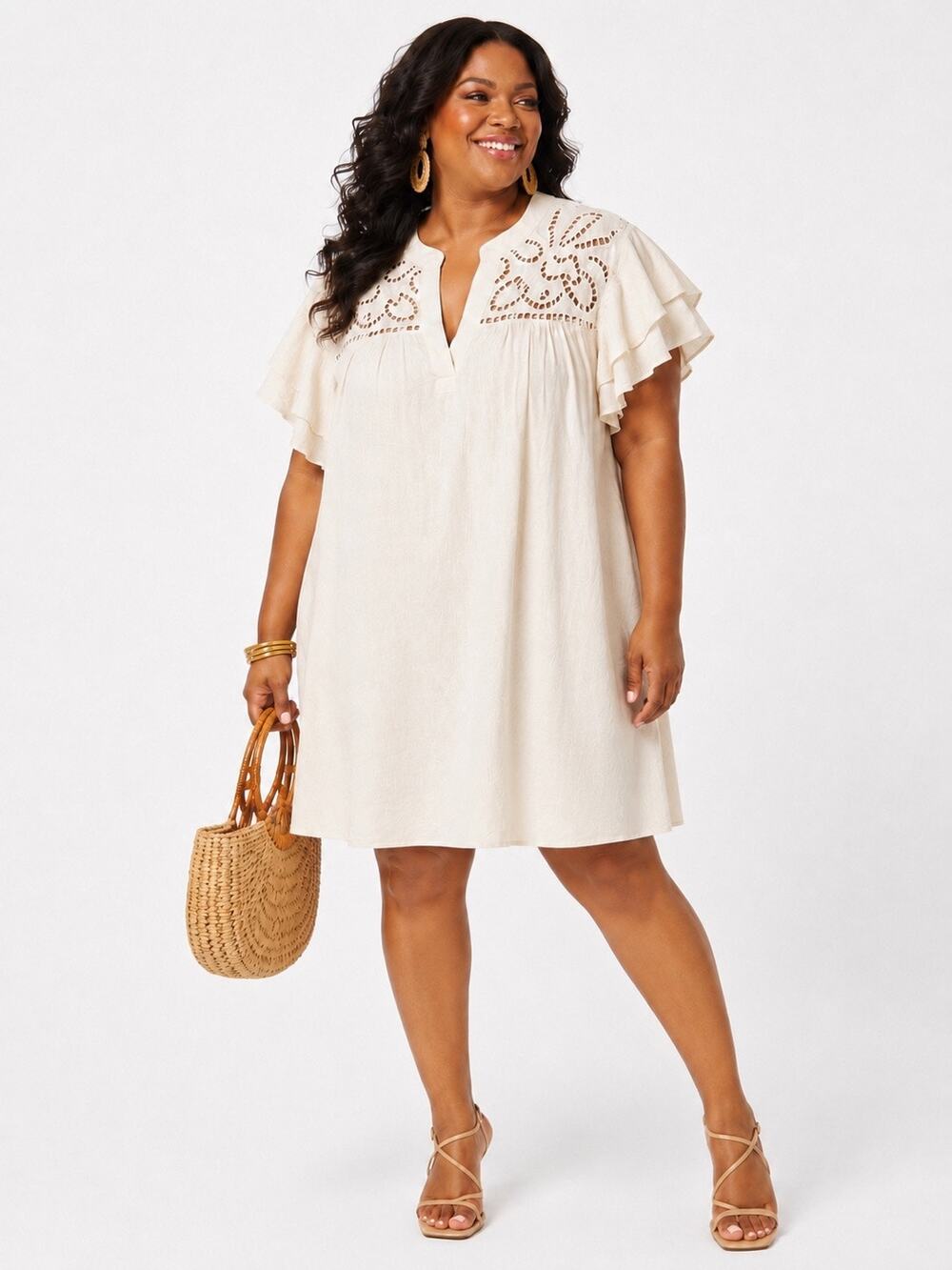 H&M XXL Off White Cotton Eyelet Flutter Sleeve Mini Dress Boho